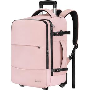 Taygeer Rolling Backpack for women, 17 inch Travel Laptop Backpack with Wheels & Shoe Pouch, Large Wheeled Backpack Carry on Luggage, Overnight College Work Suitcase Bag Roller Backpack Adult, Pink