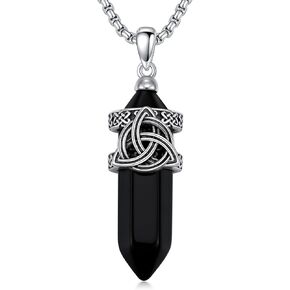 Celtic Knot Necklace 925 Sterling Silver Black Obsidian Irish Triquetra Trinity Knot Pendant Necklace for Men Boy, with Stainless Steel Chain 22''+2''