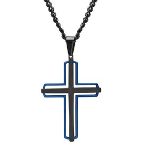 Stainless Steel 2 Layer Cross Pendant with Black and Blue Finish on 24" 4mm Twisted Curb Chain Necklace