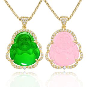 Buddha Necklace Jade Laughing Buddha Pendant with 14K Gold Plated Chain Cubic Zirconia Buddah Necklaces for Women Men