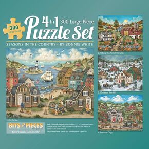 Bits and Pieces - 4-in-1 Multi-Pack 300 Piece Jigsaw Puzzles for Adults - 300 pc Large Piece 'Seasons in The Country' Puzzle Set Bundle by Bonnie White - 16" x 20" (41cm x 51cm)