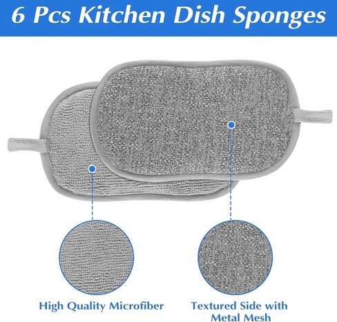 6 Pack Multipurpose Dish Scrubber Sponges, Non Scratch Sponge Microfiber Side for Dish Rough Side for Non Stick Cookware Reusable Sponge Scrub Sponge Dishcloth for Sink Pan Pot Countertop(Blue) in Kuwait