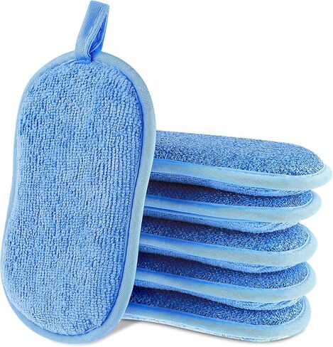 6 Pack Multipurpose Dish Scrubber Sponges, Non Scratch Sponge Microfiber Side for Dish Rough Side for Non Stick Cookware Reusable Sponge Scrub Sponge Dishcloth for Sink Pan Pot Countertop(Blue) in Kuwait