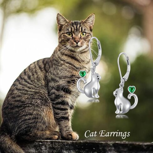 أقراط LONAGO Cat للنساء من الفضة الإسترليني عيار 925 على شكل قطة لطيفة مع أقراط متدلية على شكل قلب أحمر in Kuwait