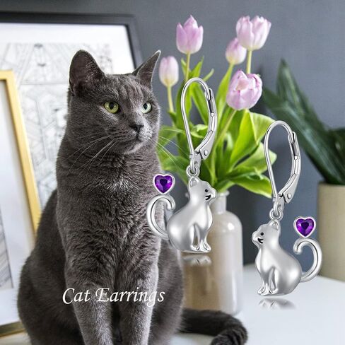 أقراط LONAGO Cat للنساء من الفضة الإسترليني عيار 925 على شكل قطة لطيفة مع أقراط متدلية على شكل قلب أحمر in Kuwait