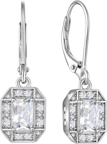 925 Sterling Silver Earrings Halo Rectangular Birthstones Earrings, Dangle Drop Earrings with Leverback for Women Jewelry Gifts in Saudi Arabia