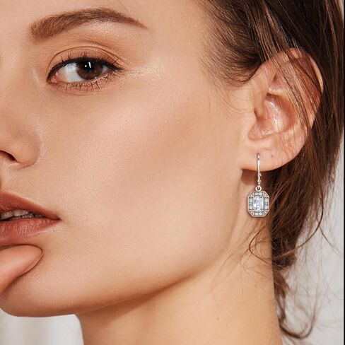 925 Sterling Silver Earrings Halo Rectangular Birthstones Earrings, Dangle Drop Earrings with Leverback for Women Jewelry Gifts in Saudi Arabia