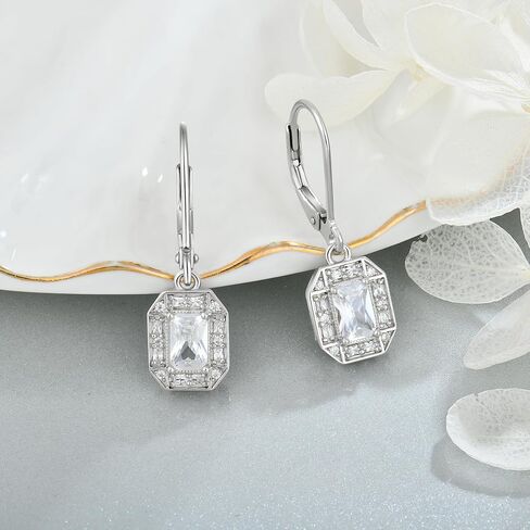 925 Sterling Silver Earrings Halo Rectangular Birthstones Earrings, Dangle Drop Earrings with Leverback for Women Jewelry Gifts in Saudi Arabia