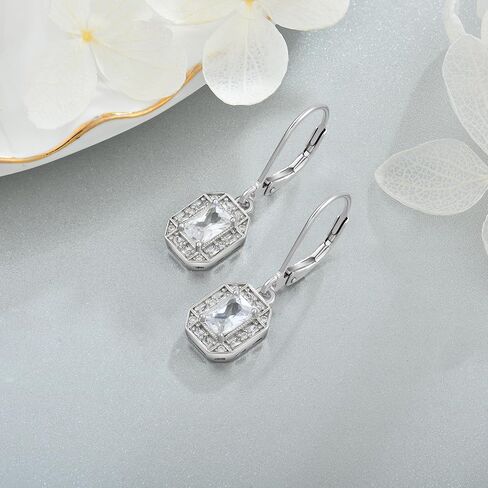 925 Sterling Silver Earrings Halo Rectangular Birthstones Earrings, Dangle Drop Earrings with Leverback for Women Jewelry Gifts in Saudi Arabia