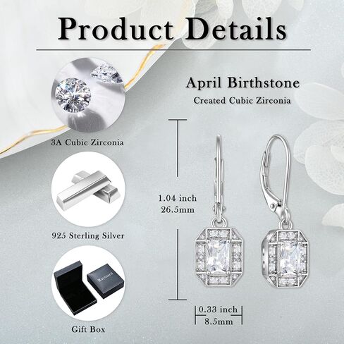 925 Sterling Silver Earrings Halo Rectangular Birthstones Earrings, Dangle Drop Earrings with Leverback for Women Jewelry Gifts in Saudi Arabia