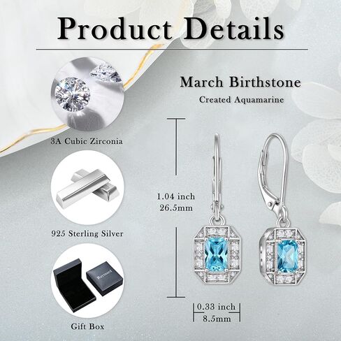 أقراط من الفضة الإسترليني عيار 925 أقراط هالة مستطيلة من أحجار الميلاد، أقراط متدلية مع ذراع رافعة للنساء هدايا مجوهرات in Kuwait