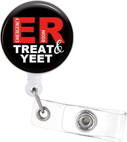 شارة بكرة قابلة للسحب مع مشبك التمساح "Treat and Yeet" حامل شارة مضحك لغرفة الطوارئ ER ممرضة مكتب طبي اسم معرف الديكور in Kuwait