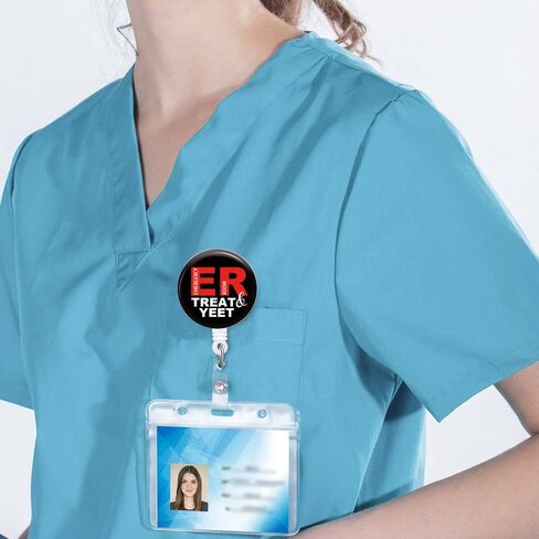 شارة بكرة قابلة للسحب مع مشبك التمساح "Treat and Yeet" حامل شارة مضحك لغرفة الطوارئ ER ممرضة مكتب طبي اسم معرف الديكور in Kuwait