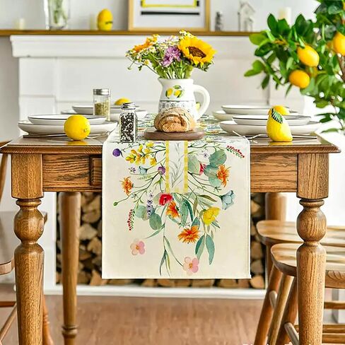مفرش طاولة الربيع ديزي، ألوان مائية صيفية موسمية، زهرة المطبخ، الطعام، ديكور المنزل، ديكور الحفلات الكريمية 13 × 60 بوصة in Kuwait