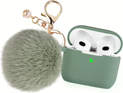 Portable Electronic Device Cover for Airpods 3, Gray Blue Silicone Case with Pompom Keychain for Women Girls, 2021 in Saudi Arabia