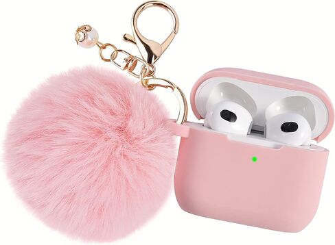 Portable Electronic Device Cover for Airpods 3, Gray Blue Silicone Case with Pompom Keychain for Women Girls, 2021 in Saudi Arabia