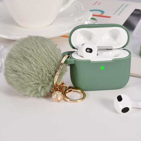 Portable Electronic Device Cover for Airpods 3, Gray Blue Silicone Case with Pompom Keychain for Women Girls, 2021 in Saudi Arabia
