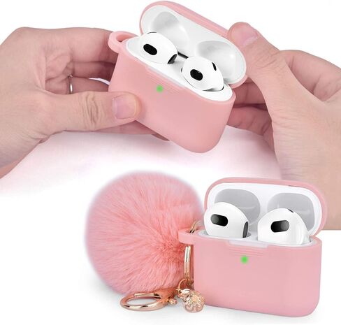 Portable Electronic Device Cover for Airpods 3, Gray Blue Silicone Case with Pompom Keychain for Women Girls, 2021 in Saudi Arabia