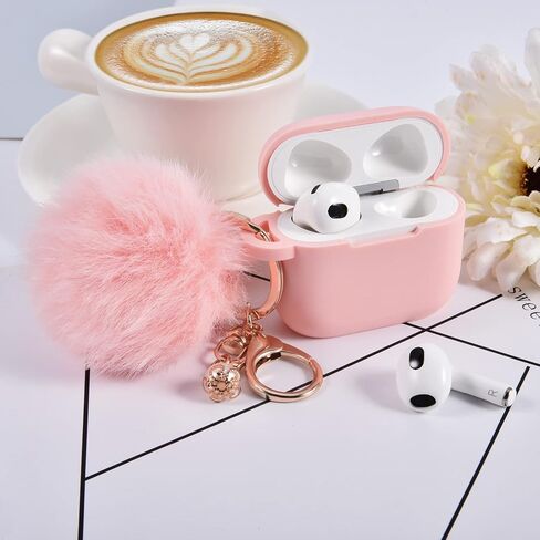 Portable Electronic Device Cover for Airpods 3, Gray Blue Silicone Case with Pompom Keychain for Women Girls, 2021 in Saudi Arabia