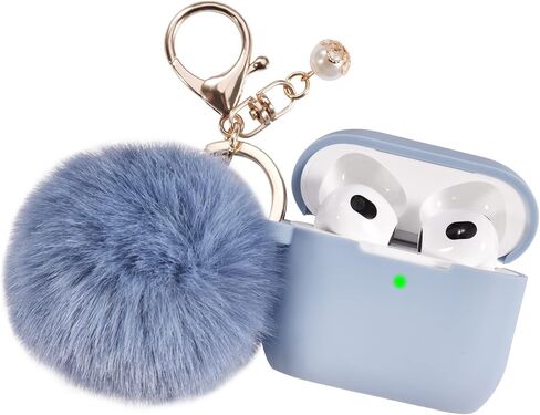 Portable Electronic Device Cover for Airpods 3, Gray Blue Silicone Case with Pompom Keychain for Women Girls, 2021 in Kuwait