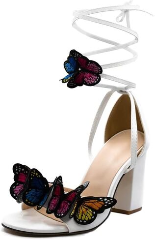 JOEupin Women's Strappy Chunky Heels Sandals 3 inch Butterfly Lace Up Ankle Wrap Heel Wedding Bridal Heeled Sandals Shoes in Saudi Arabia
