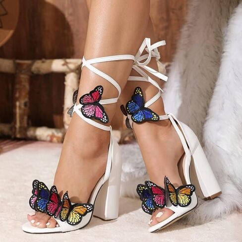 JOEupin Women's Strappy Chunky Heels Sandals 3 inch Butterfly Lace Up Ankle Wrap Heel Wedding Bridal Heeled Sandals Shoes in Saudi Arabia
