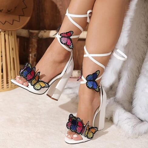 JOEupin Women's Strappy Chunky Heels Sandals 3 inch Butterfly Lace Up Ankle Wrap Heel Wedding Bridal Heeled Sandals Shoes in Saudi Arabia