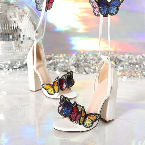 JOEupin Women's Strappy Chunky Heels Sandals 3 inch Butterfly Lace Up Ankle Wrap Heel Wedding Bridal Heeled Sandals Shoes in Saudi Arabia