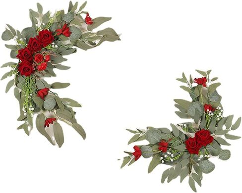 2PCS Wedding Arch Flowers, Artificial Red Rose Floral Swags, Silk Hanging Rose Garland with Green Leaves for Wedding Chair Arbor Wedding Ceremony Reception in Saudi Arabia