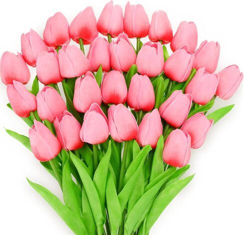 Lyrow 30 Pcs Tulips Artificial Tulips Bouquet Real Touch Flowers Faux Tulips for Home Kitchen Wedding Decorations, Gift Idea for Easter Decor Mother's Day Birthdays (Plum Pink) in Saudi Arabia