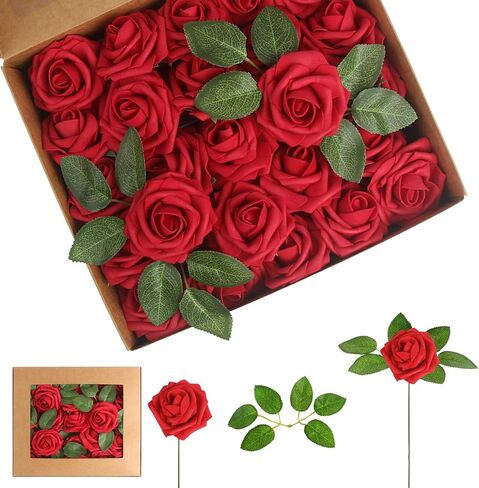 LOKIPA Artificial Rose Flowers, 50 PCS Foam Red Roses Flowers Real Looking Artificial Foam Fake Roses with Stems Decoration DIY for Wedding Bouquets, Arrangements Party Home Decorations (Red, 50PCS) in Saudi Arabia