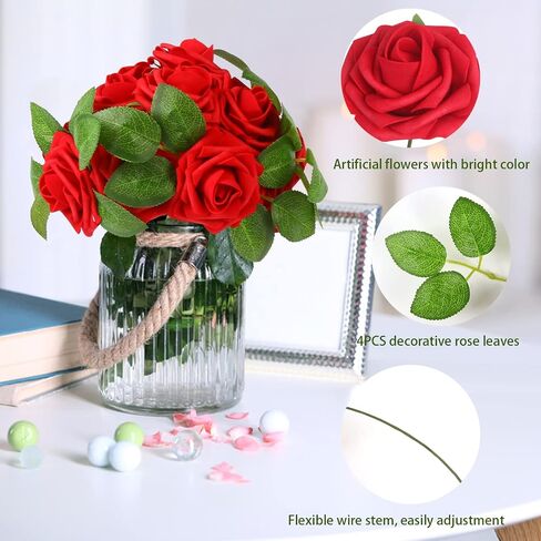 LOKIPA Artificial Rose Flowers, 50 PCS Foam Red Roses Flowers Real Looking Artificial Foam Fake Roses with Stems Decoration DIY for Wedding Bouquets, Arrangements Party Home Decorations (Red, 50PCS) in Saudi Arabia