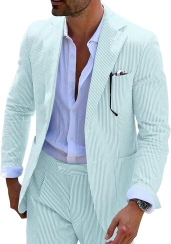 Men Suits Summer 2 Pieces Seersucker Suit Pinstrip Casual 2 Button Slim Fit Suits for Men Wedding Party Suit Jacket Pants in Saudi Arabia