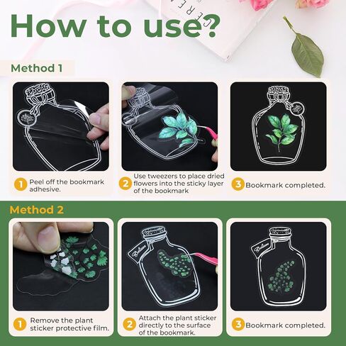 40 Pcs Glass Bottle Shaped Bookmark & 40 Pcs Plant Sticker, Dried Flower Bookmark Kit, Clear Bookmarks for Pressed Flowers, Pressed Flowers Bookmark Set with Tweezers for DIY Bookmarks in Kuwait