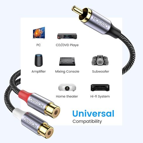 MOSWAG 1 Male to 2 Female RCA Splitter, RCA Y Splitter RCA Cable Audio Video Splitter Adapter Extension Cord Compatible with subwoofers, Speakers, Home theatres, HDTVs, Gaming consoles(0.65ft/20cm) in Saudi Arabia