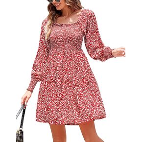 فستان نسائي من Beyove مزين بالورود وأكمام طويلة ورقبة مربعة فساتين كاجوال in Kuwait