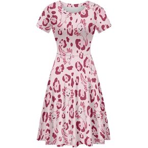 ENLACHIC Women's Casual Animal Floral Print Short Sleeve A Line Swing T Shirt Dress Plus Size