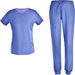 Stretch Women Nursing Scrubs Set - V Neck Fashion Rib Scrubs Uniforms Top Pants PS1116
