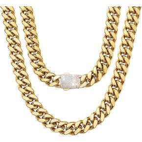Cuban Link Chain Necklace or Bracelet with Bling Bling Cubic Zirconia Iced-Out Clasp for Men Boys 6mm/8mm/10mm/12mm/14mm/18mm 18K Gold Stainless Steel Hip Hop Miami Curb Chains 7.5-30 inch
