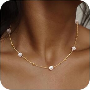 Dainty Gold Pearl Necklace for Women, Trendy 14k Gold Plated/Silver Pearl Choker Necklace Set Cute Layered Single Pearl Pendant Necklace Bridal Necklace Pearl Jewelry for Women Girls Teen