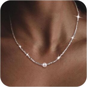 Dainty Gold Pearl Necklace for Women, Trendy 14k Gold Plated/Silver Pearl Choker Necklace Set Cute Layered Single Pearl Pendant Necklace Bridal Necklace Pearl Jewelry for Women Girls Teen