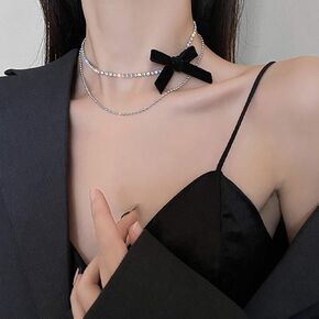 Xerling Boho Dainty Black Bow Layered Choker Necklaces Handmade Rhinestones Pendant Multilayer Adjustable Layering Chain Silver Plated Necklaces Set for Women Girls