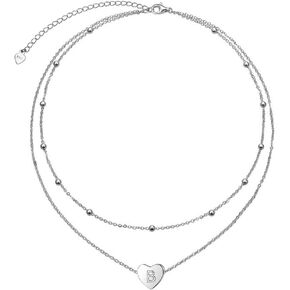 FLYOW S925 Sterling Silver Disc/Heart Initial Layered Choker Necklace Short Dainty Adjustable Lariat Necklaces for Women Girls