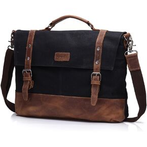 Laptop Messenger Bag 15.6" for Men Waxed Canvas Vintage Leather Business Briefcase Shoulder Bags Waterproof