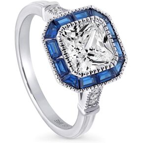 BERRICLE Sterling Silver Halo Princess Cut Cubic Zirconia CZ Art Deco Fashion Ring for Women, Rhodium Plated Size 4-10