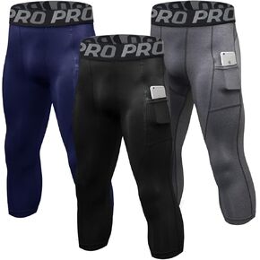 LANDUNSI 3 Pack Mens 3/4 Compression Pants Basketball Running Tights with Pockets Athletic Leggings for Sports Baselayer