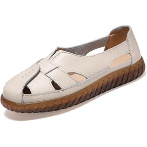Women's Casual Bohemia Leather Fisherman Sandals,Flat Hollow Closed Toe Mary Jane Sandal,Summer Comfortable Soft Sole Non-Slip Slip On Loafer