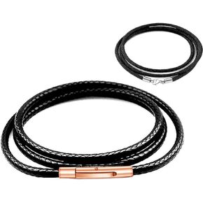 Findout 2mm black Waterproof Braided Leather Necklace With Rose Gold Stainless Steel bayonet Clasp Unisex Wax Rope Chain Necklace For Men Women Girl Boy 14-36inch & Free Steel Silk Chain