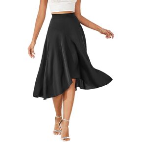 Women's 2023 Satin Elastic High Waist Asymmetrical Ruffle Hem Pleated A-line Flare High Low Midi Skirt