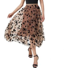 Xaspee Tulle Skirts for Women High Waist Layered Floral Print Brown Skirt Mesh A-Line Midi Midi Skirt